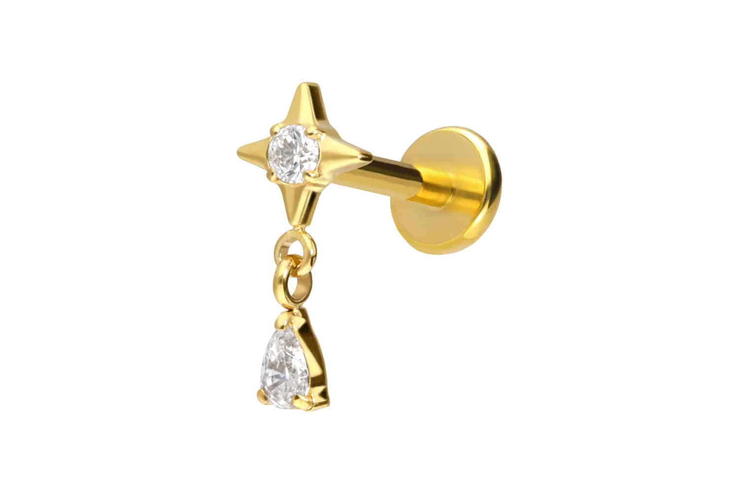 Titan Labret Piercing mit Push Fit STERN + KRISTALLTROPFEN